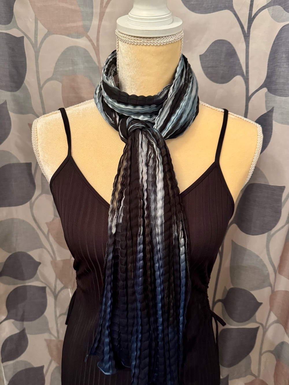 Chico's Black, Gray & Blue Pleated Stripe Scarf